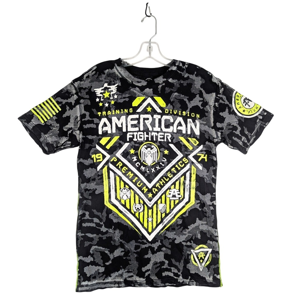 American Fighter T-Shirt Mens Medium Black Camo Neon Yellow Graphic Buckle Tee
